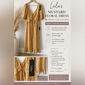 Lulu's Mustard Yellow Floral Tie-Front Midi Dress